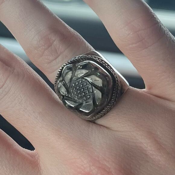 Vintage Carved Pale Green Flower Stone Wide Band Chunky 925 Sterling Silver Ring - Picture 11 of 14